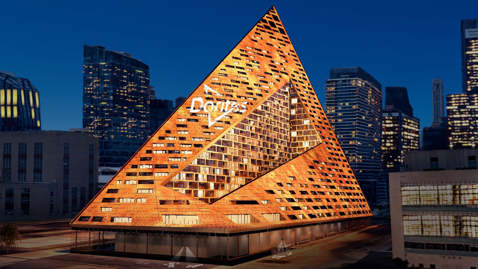 A building in New York City bears the Doritos branding as part of campaign inspired by the chip's shape.