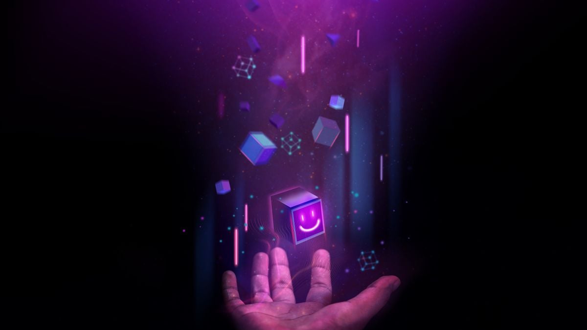 Hand Levitating a Digital Smiling Box Icon and many Futuristic Graphics Connecting to the Universe.