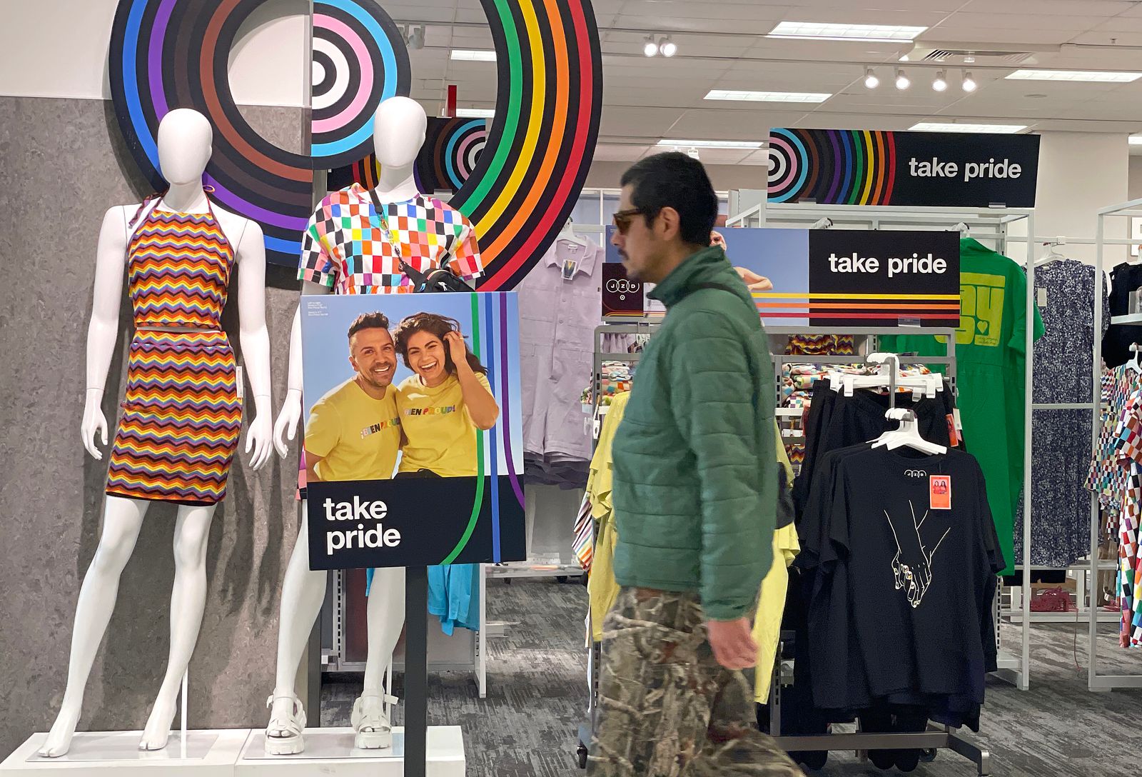A customer walks by a Pride Month merchandise display at a Target store on May 31, 2023 in San Francisco.