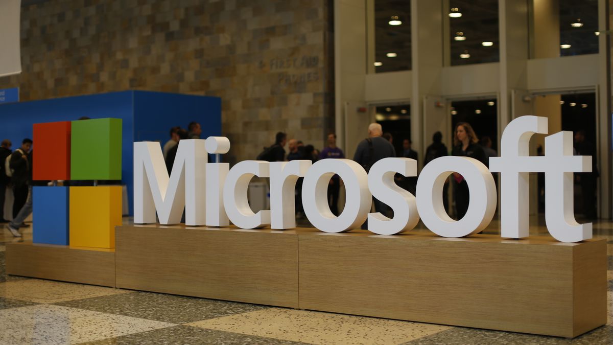 Street shot of Microsoft logo outside of a building at 2015 Microsoft Build Conference on April 29, 2015 at Moscone Center in San Francisco, California.