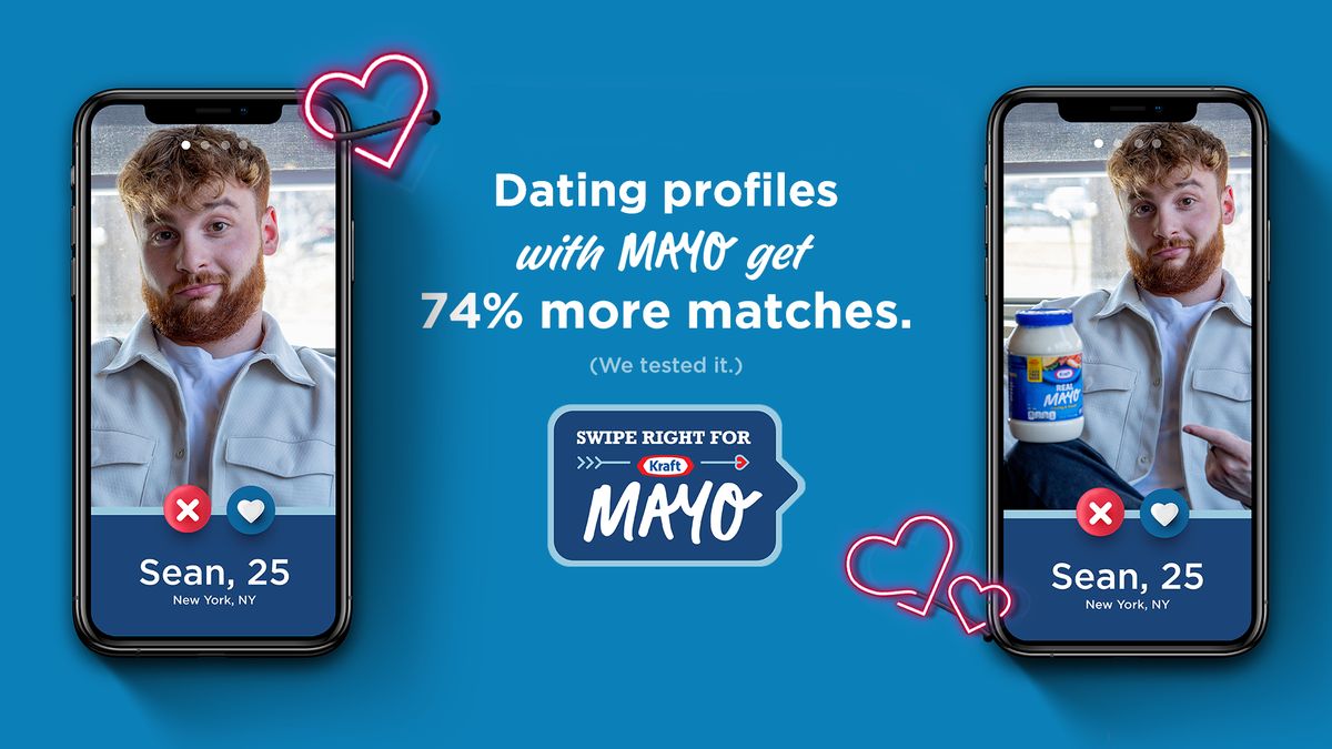 A Kraft Real Mayo presentation shows two dating profiles for a red-haired man and the stat graphic stating that dating profiles showing mayonnaise can increase first messages by 16%