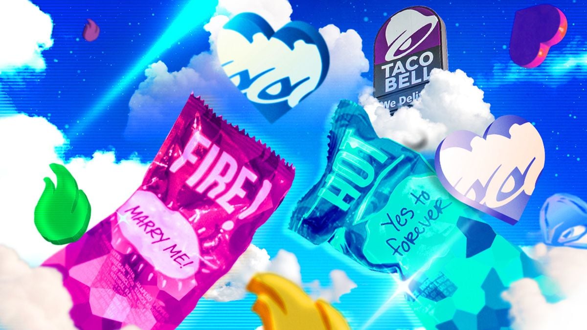 Blue and purple Taco Bell sauce packets are inscribed with messages against a metaverse-themed backdrop.